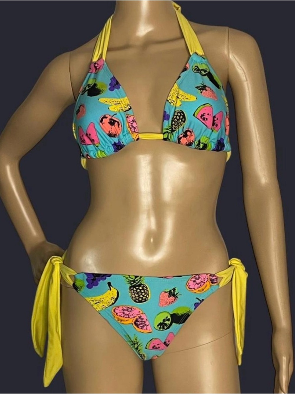 Xhilaration Yellow-Tie Aqua Bikini with Neon Fruit Print